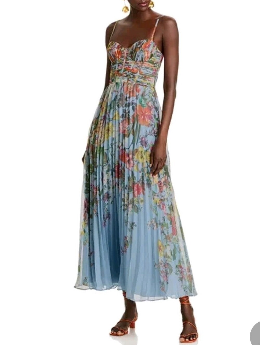 Aqua Blue Multi Chiffon Bustier Pleated Floral Maxi Dress
